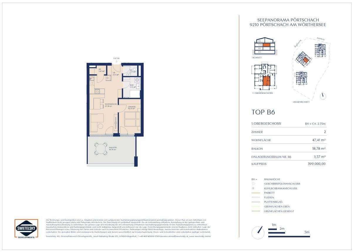 Grundriss einer 2-Zimmer-Wohnung mit Balkon und detaillierten Flächenangaben.