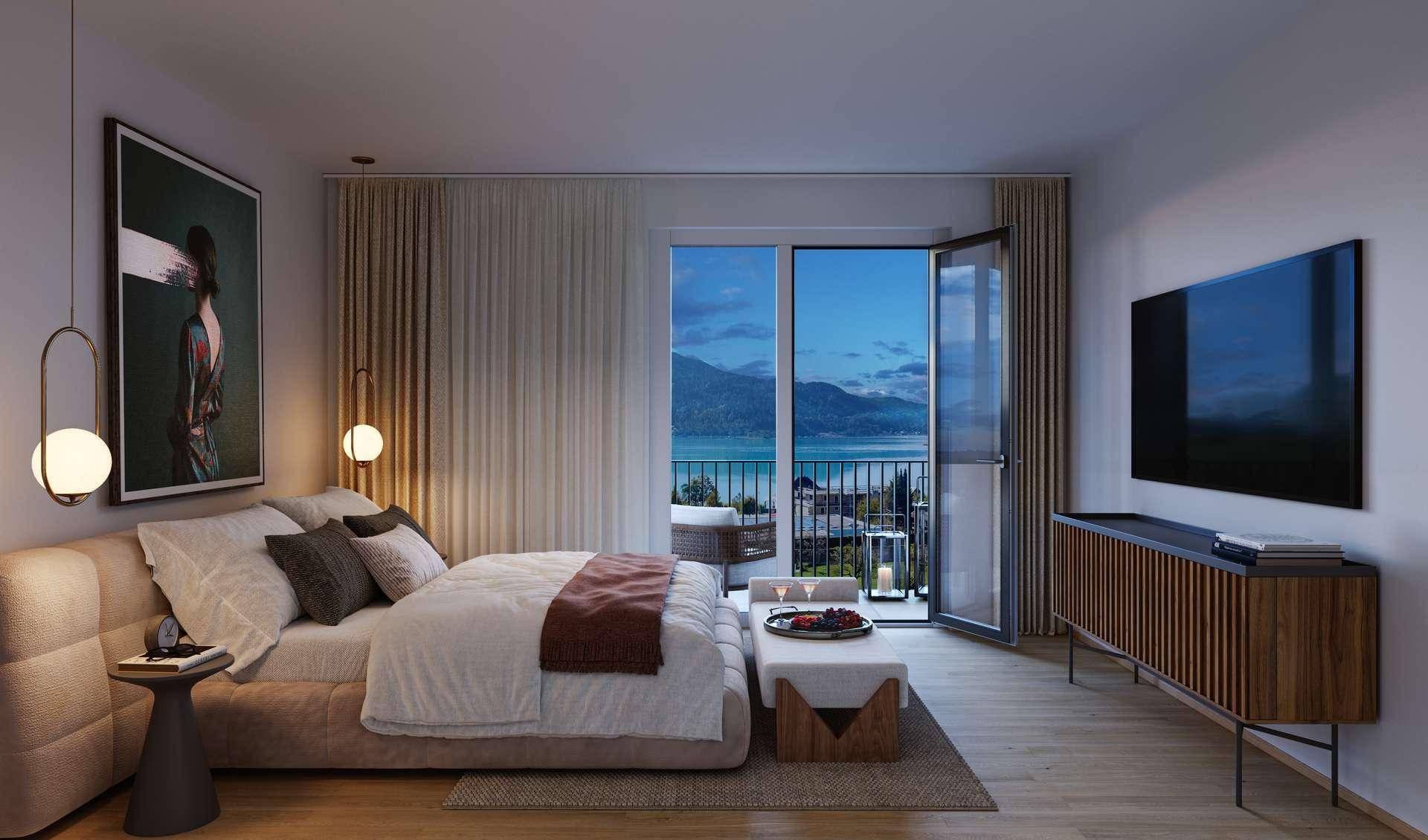 Modernes Schlafzimmer mit Seeblick, Balkonzugang und stilvoller Beleuchtung am Abend.