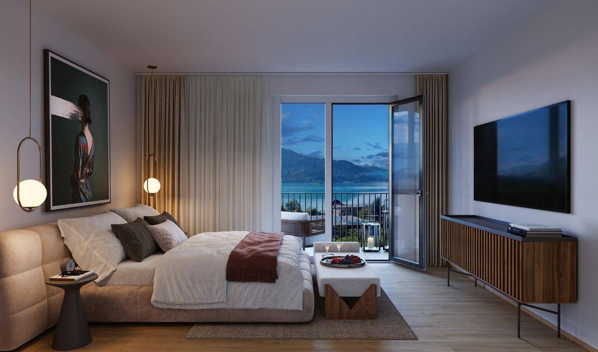 Modernes Schlafzimmer mit großem Bett, stilvoller Einrichtung und Balkonzugang mit nächtlichem Seeblick.