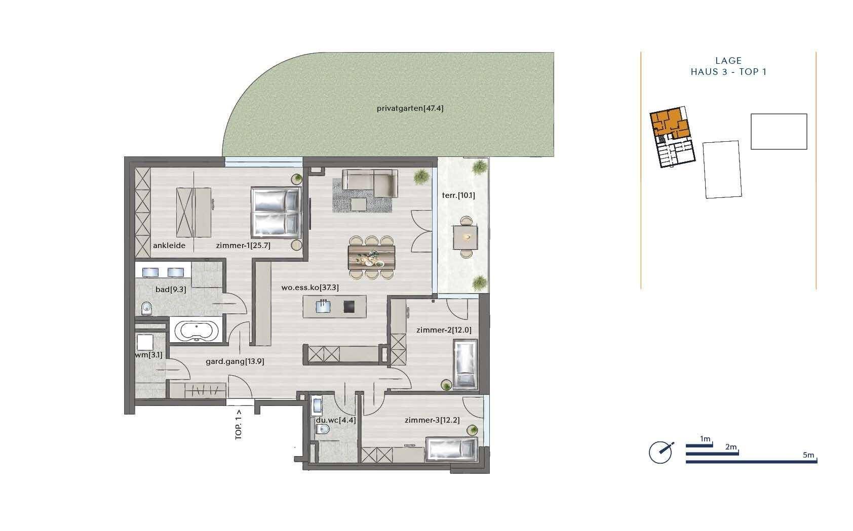 Grundriss einer Wohnung mit offenem Wohnbereich, drei Zimmern, zwei Bädern, Terrasse und Privatgarten.