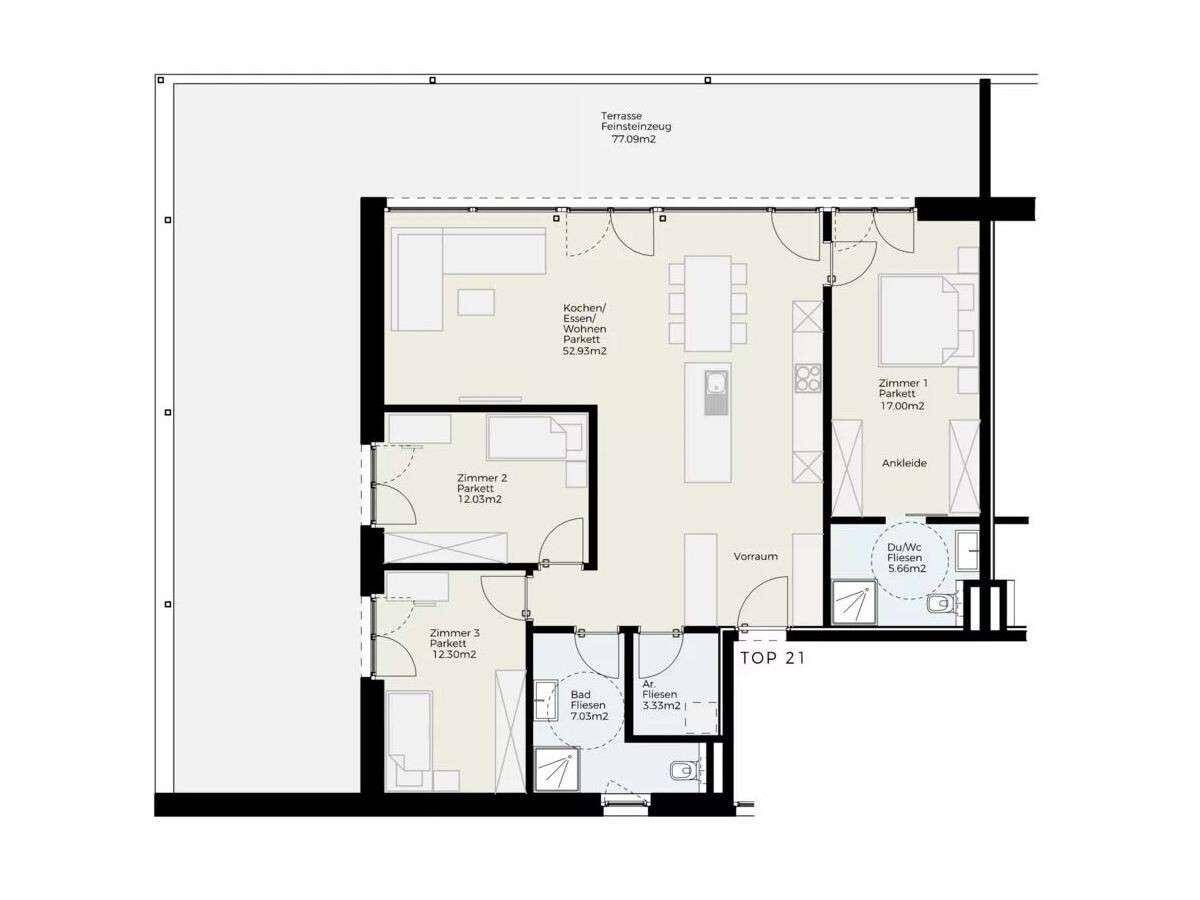 Detaillierter Grundriss einer Wohnung mit drei Schlafzimmern, offener Wohnküche und großer Terrasse.