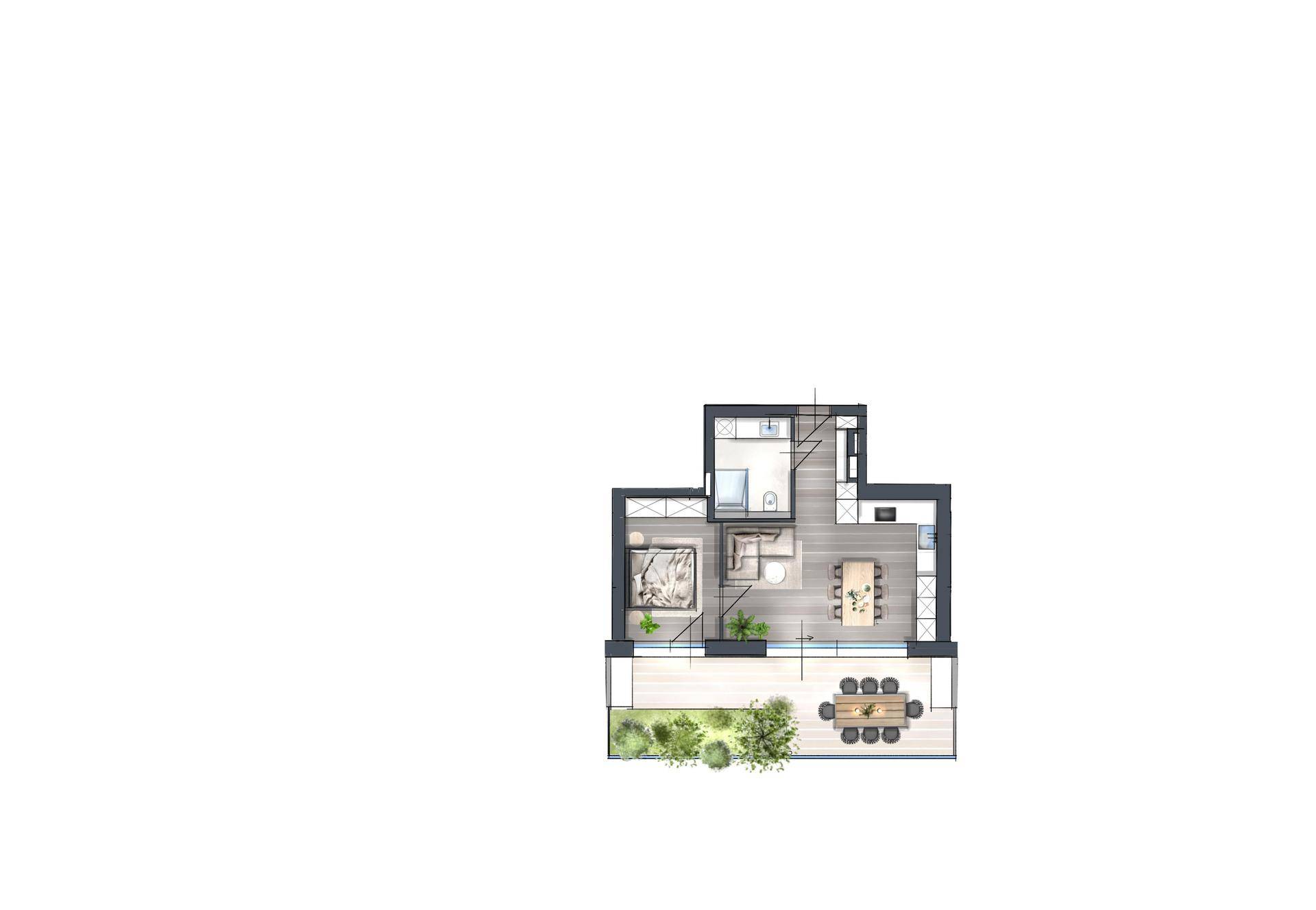 Detaillierter Grundriss einer Wohnung mit Schlafzimmer, Bad und großzügiger Terrasse.
