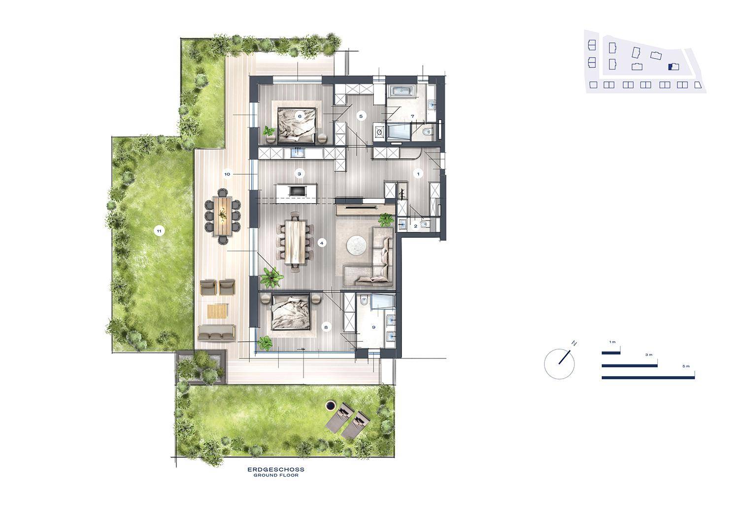 Detaillierter Grundriss des Erdgeschosses mit Garten, Terrasse und offenem Wohnbereich.