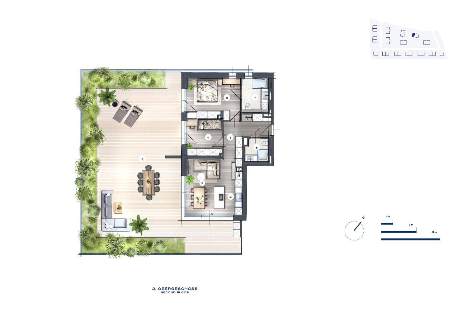 Detaillierter Grundriss des zweiten Obergeschosses mit großer Dachterrasse und mehreren Zimmern.