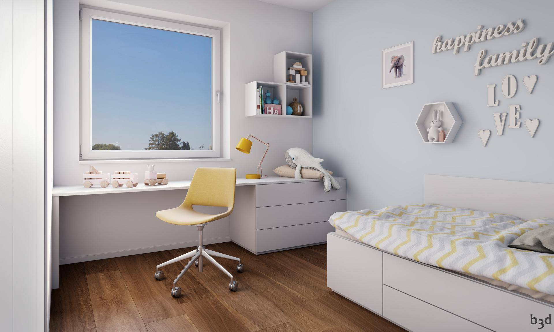 Helles Kinderzimmer mit Holzboden, Schreibtisch und modernem Bett mit Stauraum.
