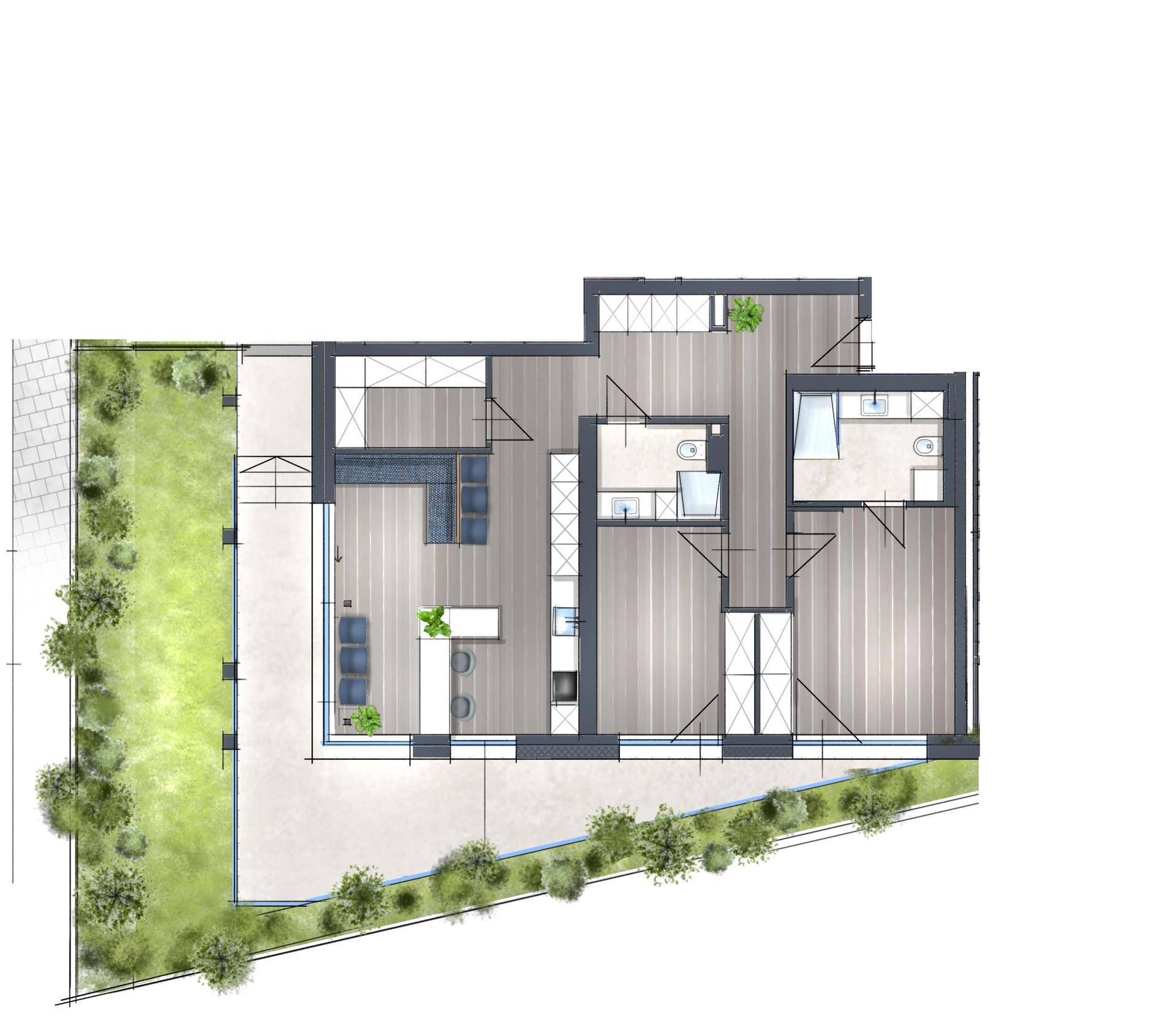 Detaillierter Grundriss mit offenem Wohnbereich, Küche, Schlafzimmern und Bädern sowie Zugang zum Garten.