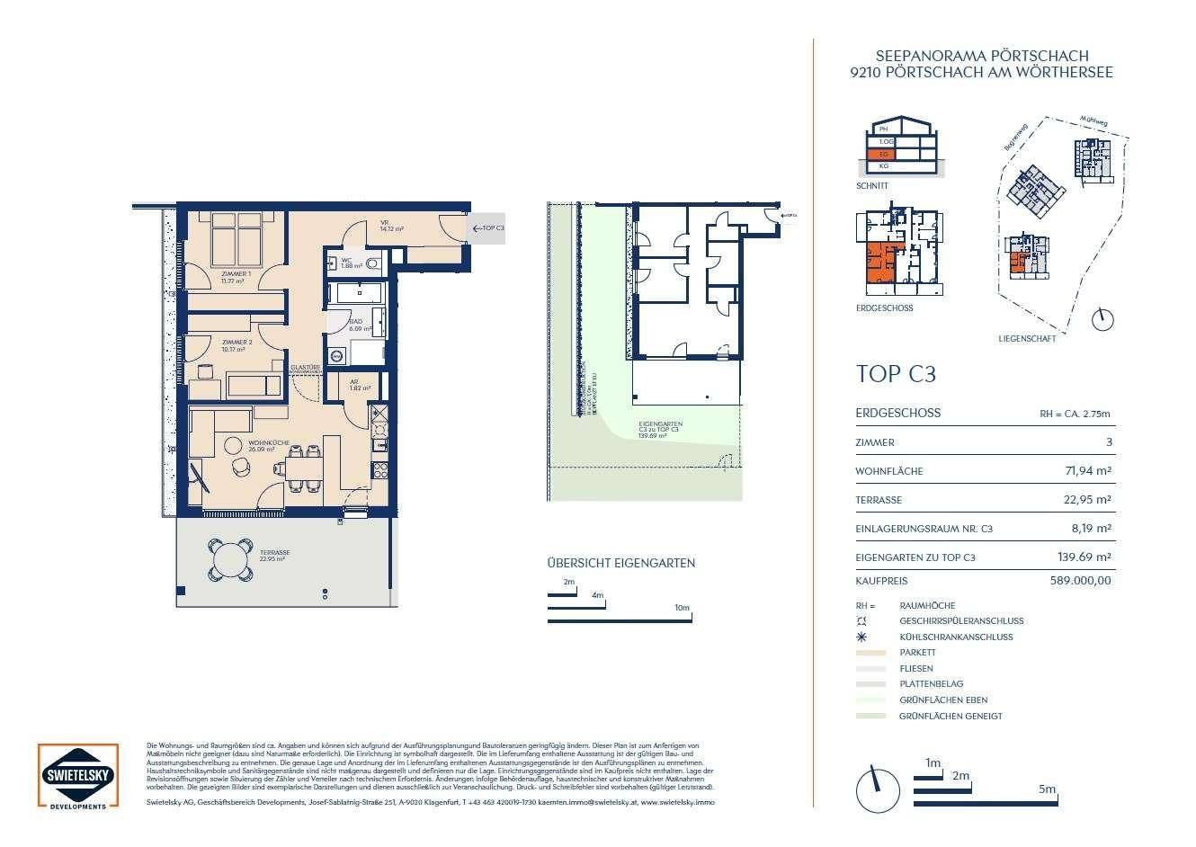 Detaillierter Grundriss einer Wohnung mit drei Zimmern, Terrasse und eigenem Gartenbereich.