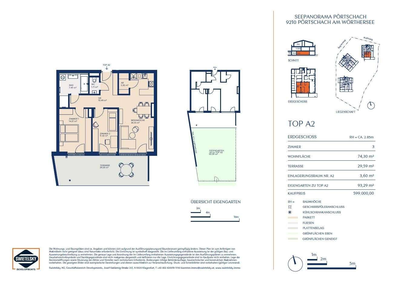 Grundriss für Wohnung TOP A2 mit Wohnfläche von 74,30 m², Terrasse und eigenem Garten.