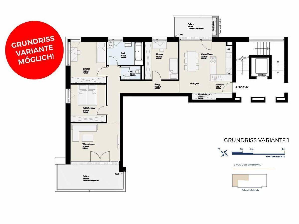 Grundriss Variante 1 präsentiert eine alternative Raumgestaltung mit Schlafzimmer, Wohnküche und großem Balkon.