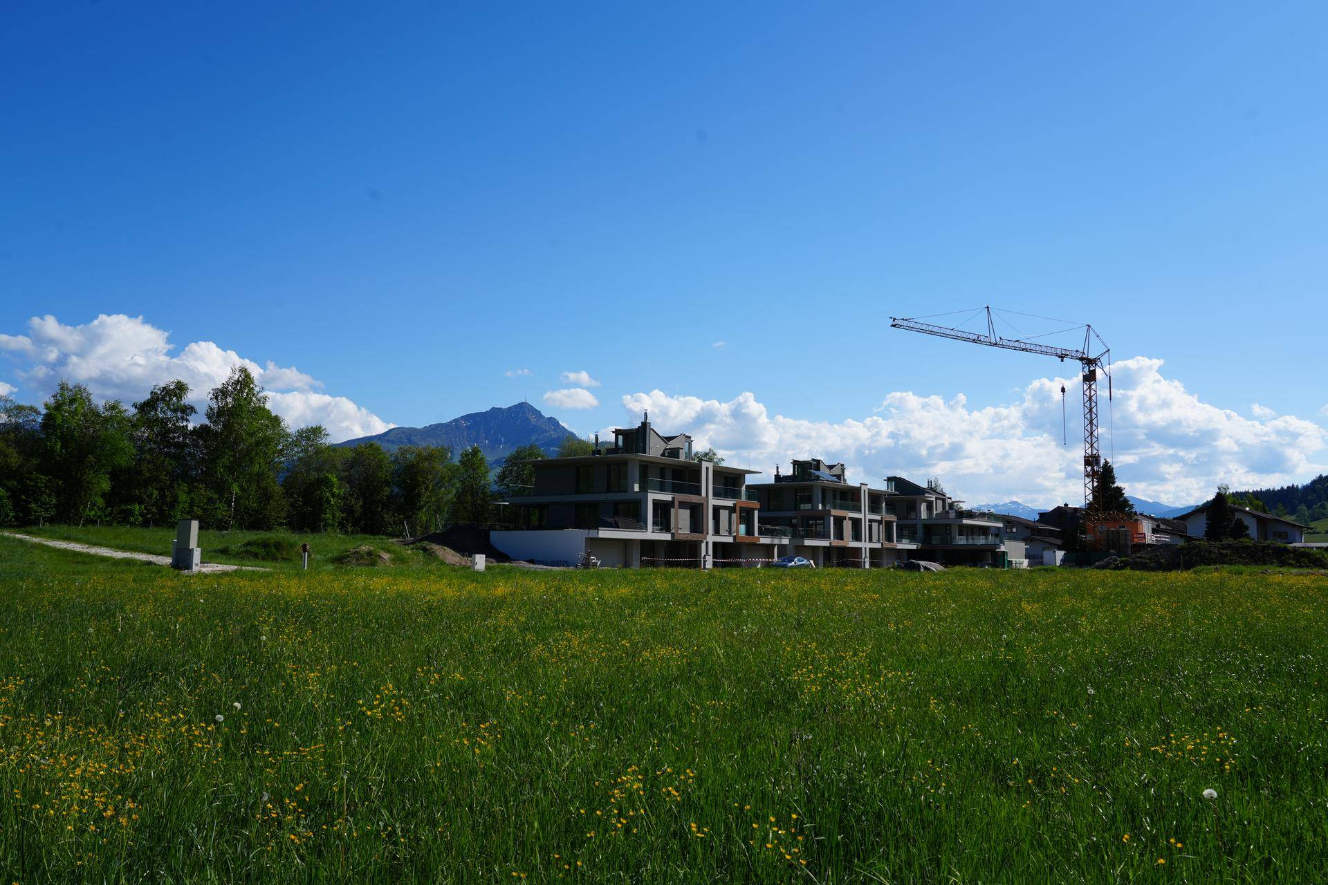 Neubauprojekt im Bau mit Kran vor einer grünen Wiese und Bergen im Hintergrund unter blauem Himmel.