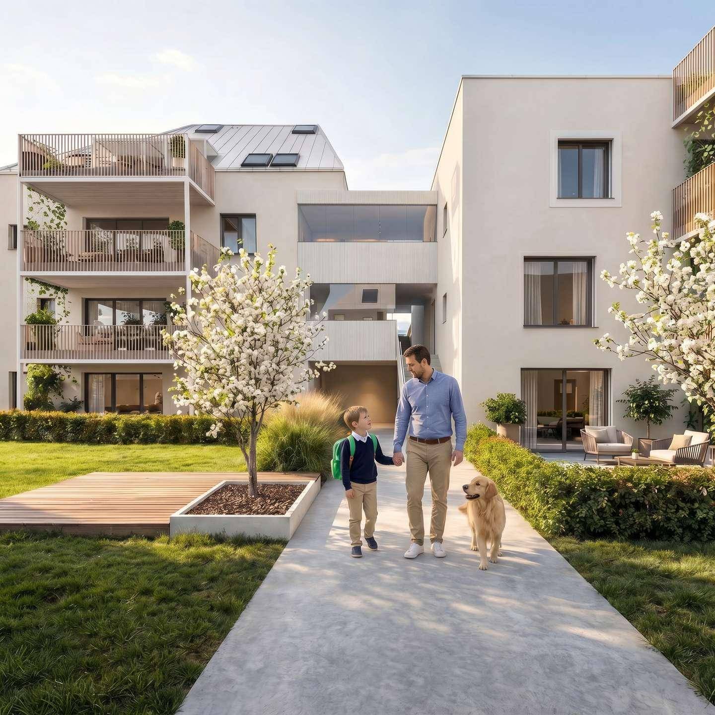 Moderne Wohnanlage mit gepflegten Grünflächen und Balkonen, ideal für Familien.