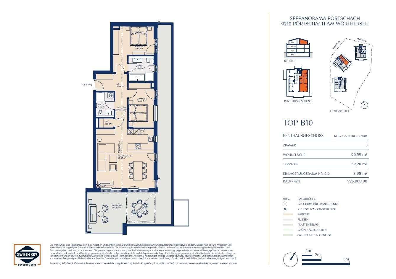 Detaillierter Grundriss einer Penthouse-Wohnung mit drei Zimmern, Terrasse und Seeblick.
