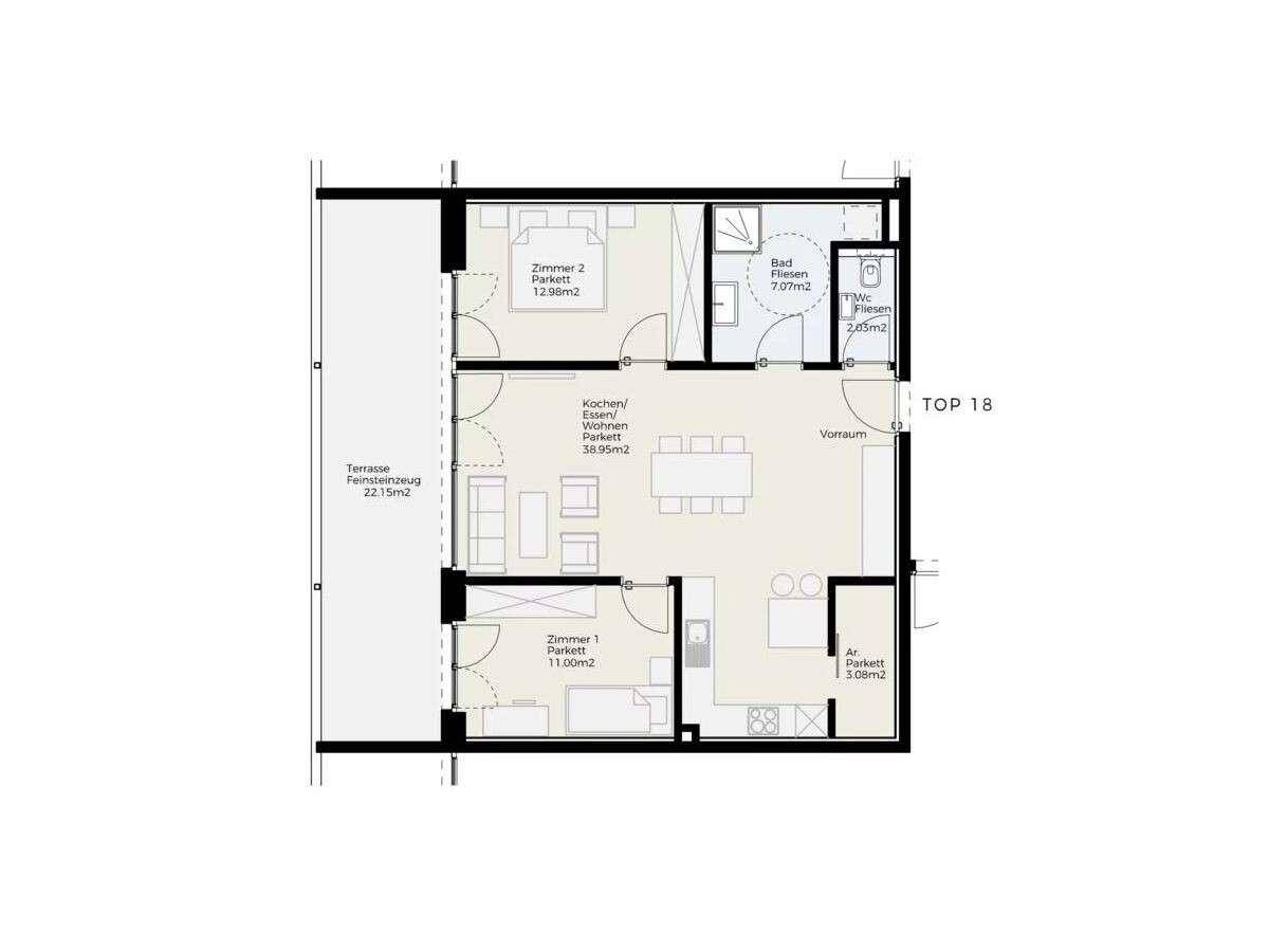 Grundriss einer Wohnung mit offenem Wohnbereich, zwei Schlafzimmern, Bad, separatem WC und großer Terrasse.