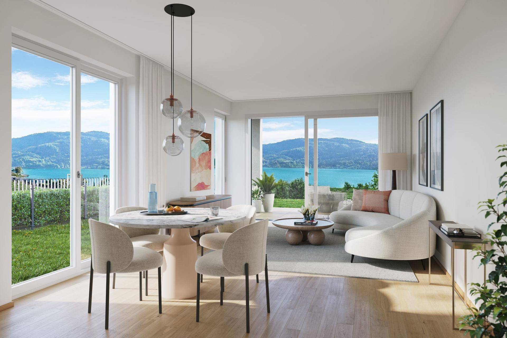 Heller Wohn- und Essbereich mit Seeblick, großen Fenstern und modernem Design.