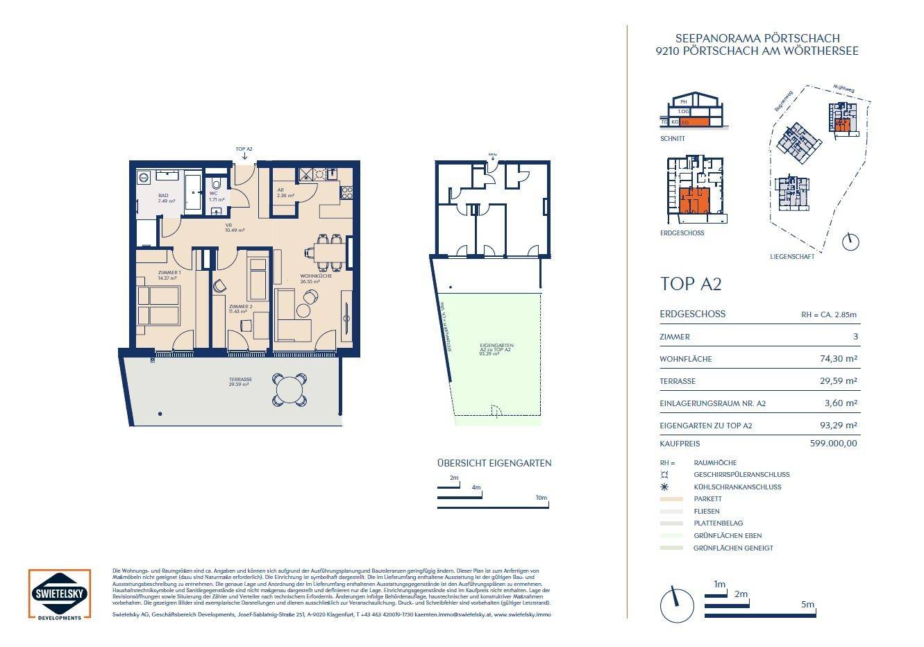 Detaillierter Grundriss der Wohnung Top A2 mit Wohnfläche, Terrasse und Eigengarten.