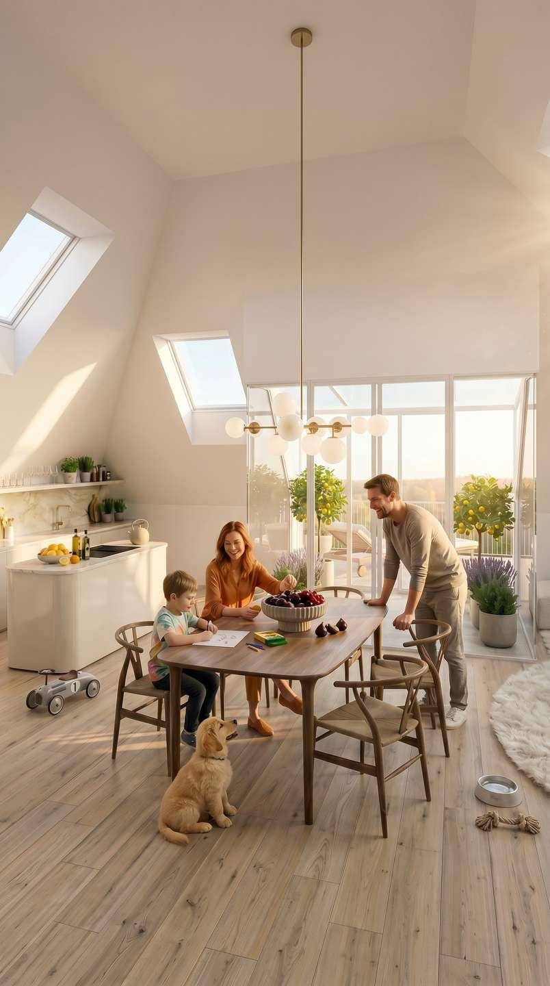 Lichtdurchfluteter Wohn-Essbereich mit moderner Küche, Dachfenstern und Familie am Esstisch.
