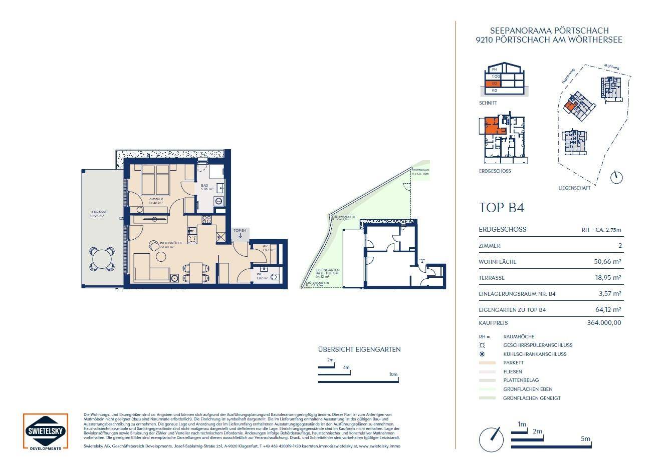 Detaillierter Grundriss einer Erdgeschosswohnung mit zwei Zimmern, Terrasse und Eigengarten.