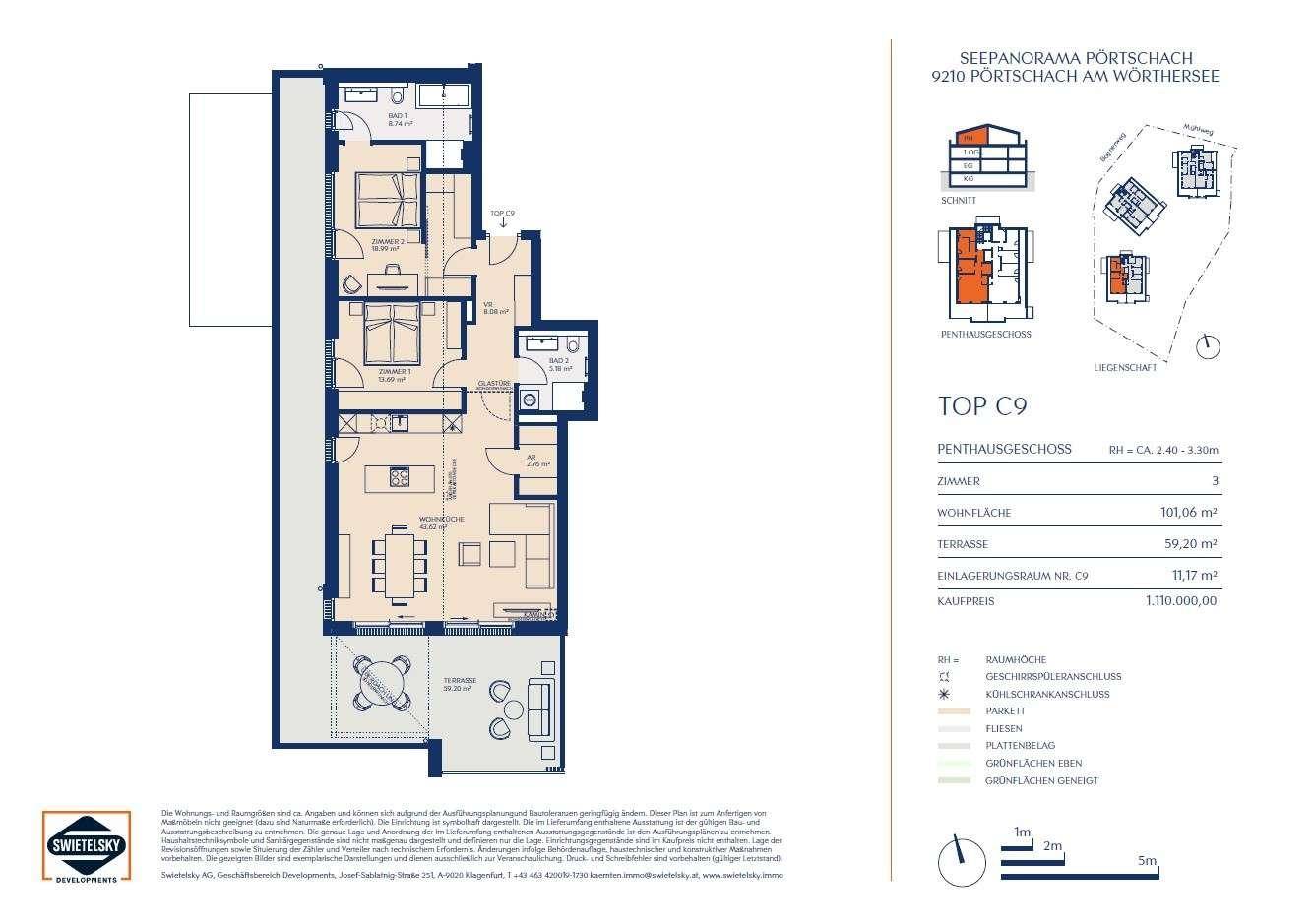 Grundriss des Penthausgeschosses TOP C9 mit Wohnfläche von 101,06 m² und großer Terrasse.