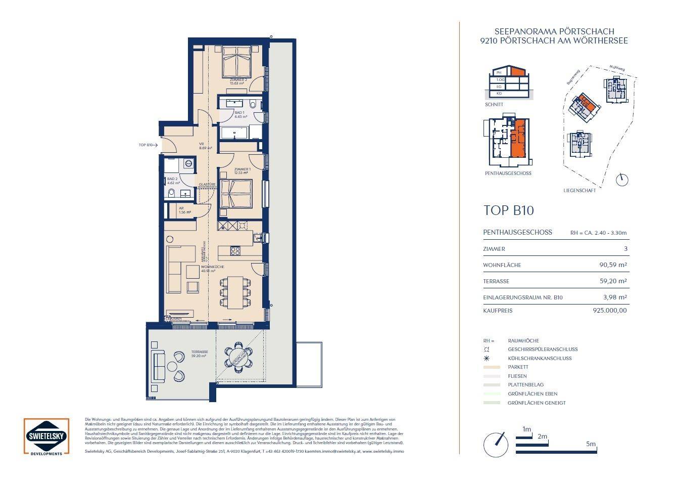 Grundriss eines Penthouse-Geschosses mit offenem Wohnbereich, zwei Schlafzimmern und großer Terrasse.