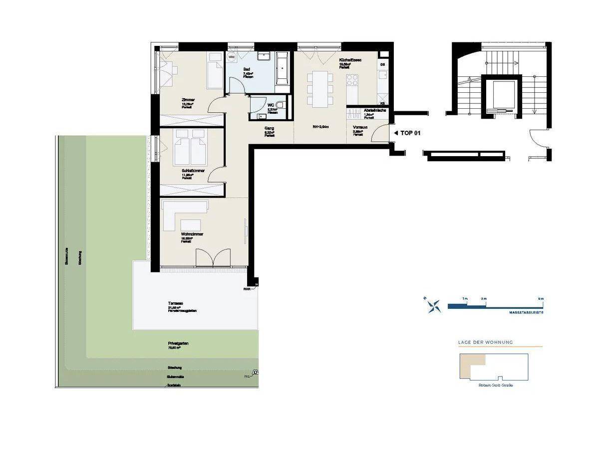 Detaillierter Grundriss einer modernen Wohnung mit drei Zimmern, Terrasse und privatem Garten.