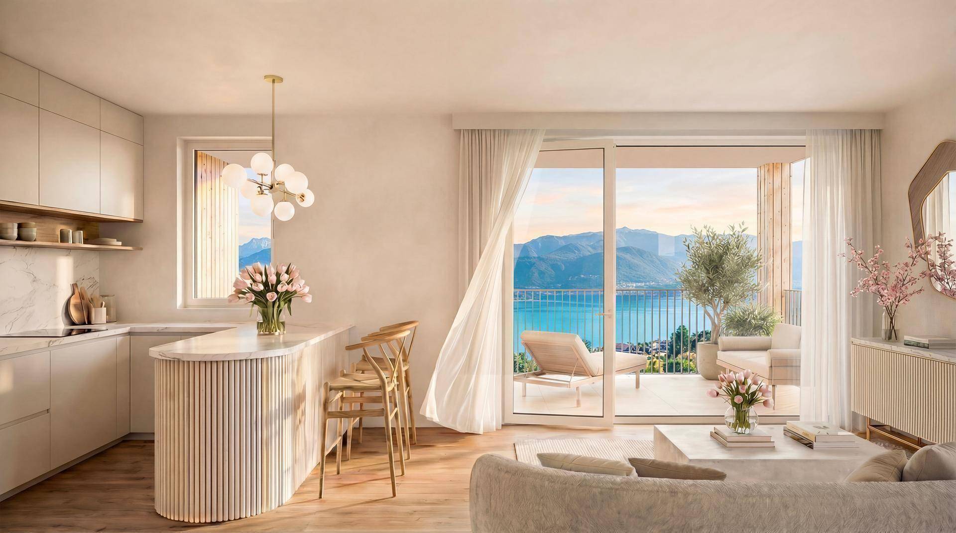 Moderner Wohn- und Essbereich mit integrierter Küche, Barhockern und weitem Blick auf den See und die Berge.