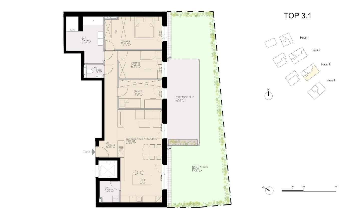 Grundriss einer Wohneinheit mit offenem Wohnbereich, drei Schlafzimmern, Terrasse und Garten.