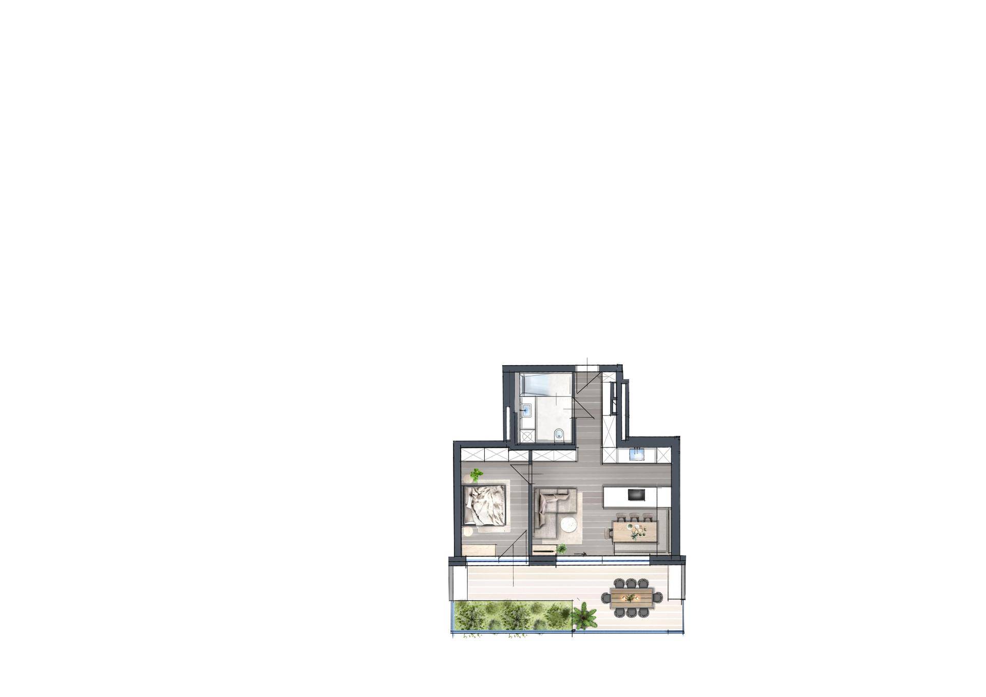 Detaillierter Grundriss einer modernen Wohnung mit offenem Wohnbereich und großer Terrasse.