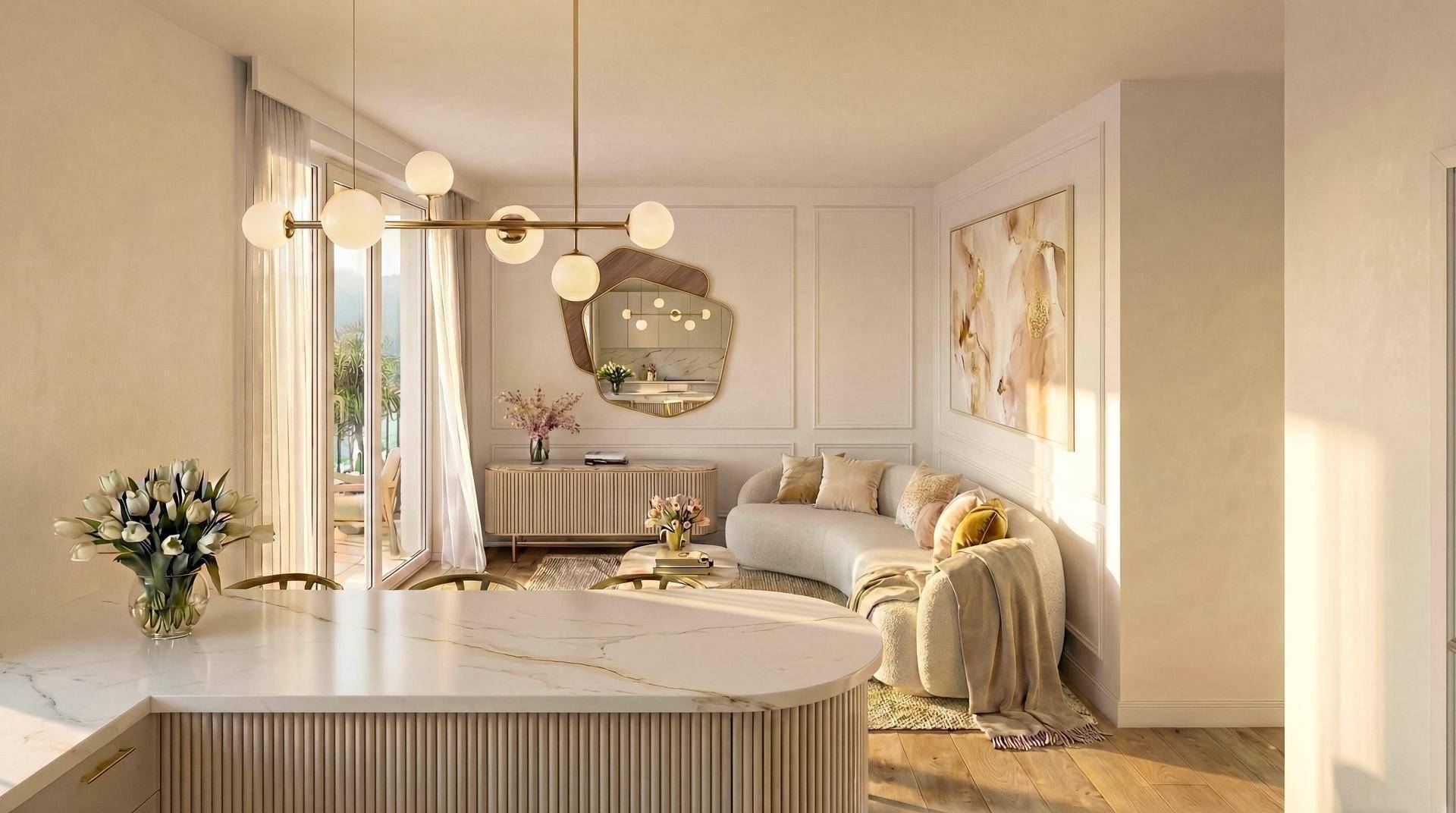 Gemütlicher Wohnbereich mit elegantem Sofa, stilvoller Dekoration und viel natürlichem Licht.
