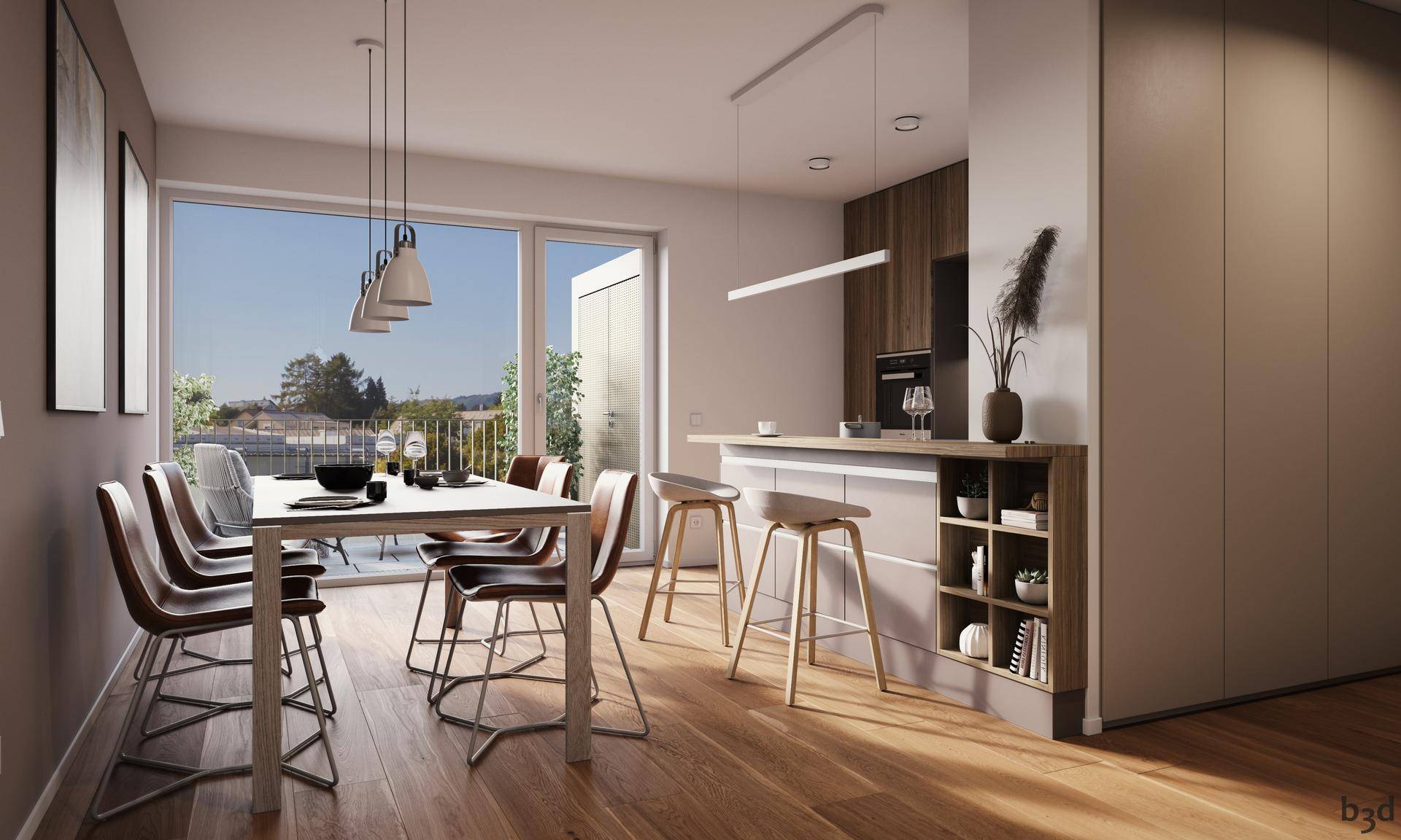 Heller Essbereich mit Zugang zum Balkon und moderner offener Küche mit Frühstücksbar.