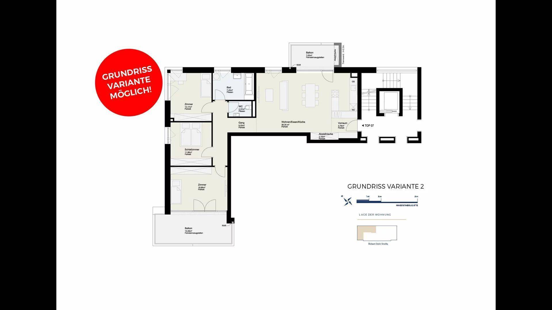 Grundriss Variante 2 zeigt eine mögliche Raumaufteilung mit mehreren Zimmern, Bad und Balkon.