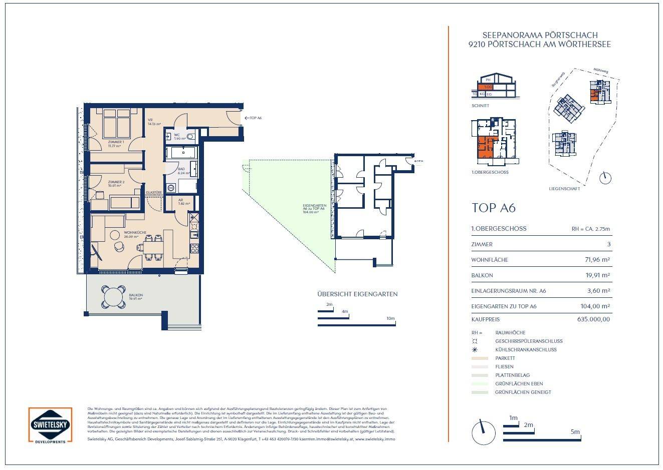 Detaillierter Grundriss der Wohnung TOP A6 mit drei Zimmern, Balkon und Eigengarten.