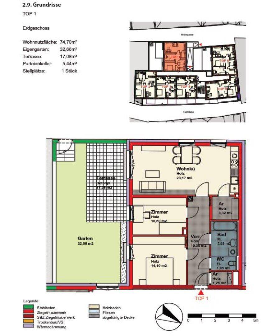 Detaillierter Grundriss einer Erdgeschosswohnung mit Garten, Terrasse und offenem Wohnbereich.