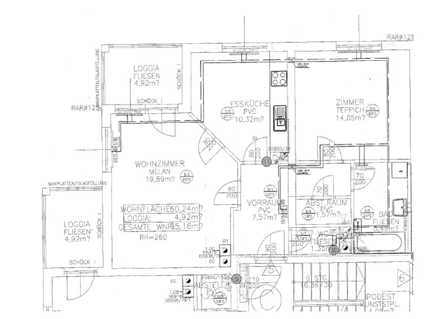 Grundriss einer Wohnung mit Wohnzimmer, Essküche, Zimmer und zwei Loggien.
