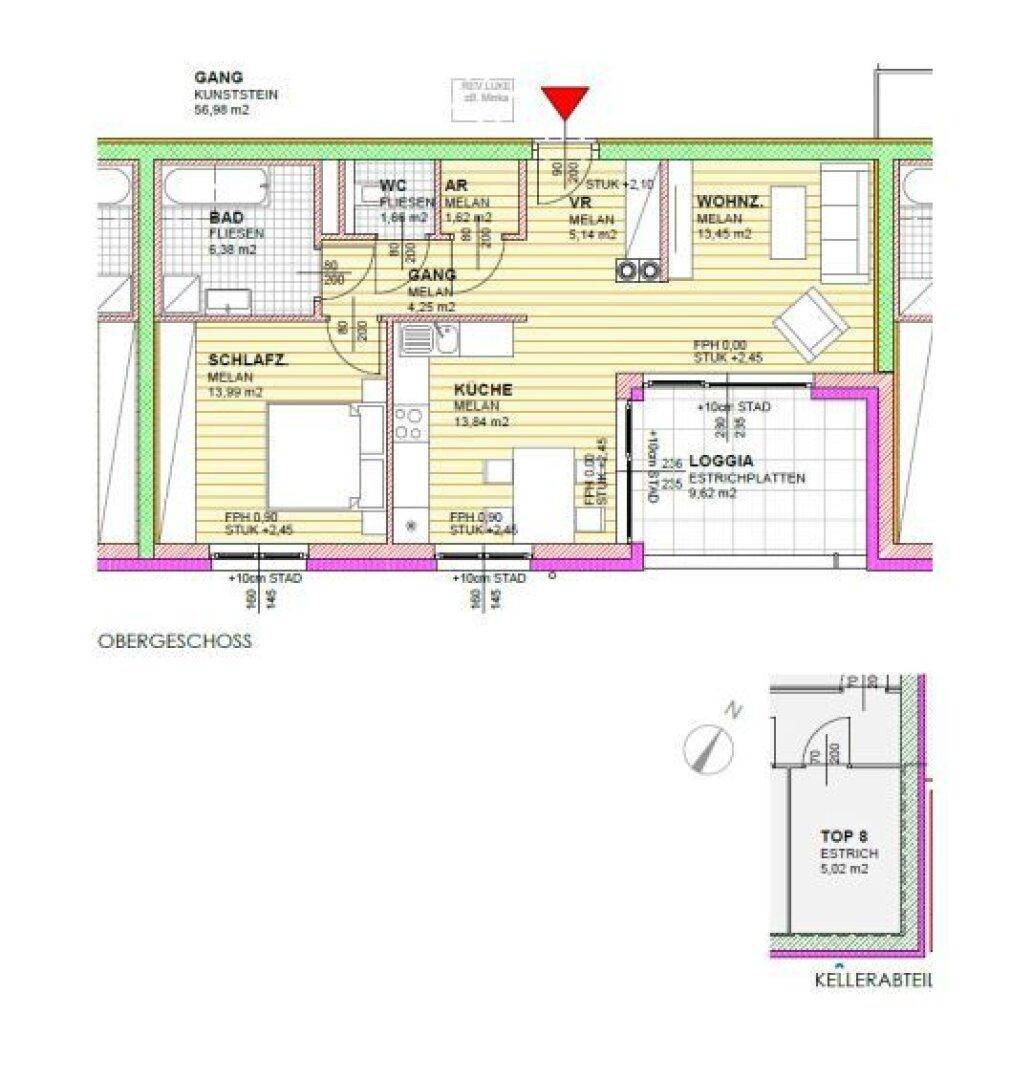 Grundriss einer Wohnung mit Schlafzimmer, Wohnbereich, Küche, Bad und Loggia.