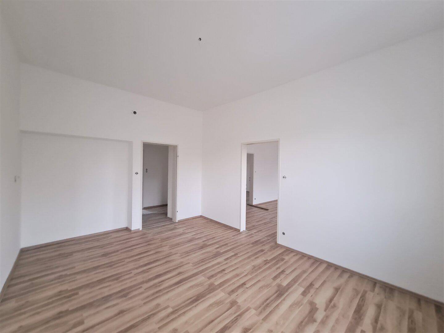 Geräumiger, heller Raum mit Laminatboden und zwei Türen, die zu angrenzenden Zimmern führen.