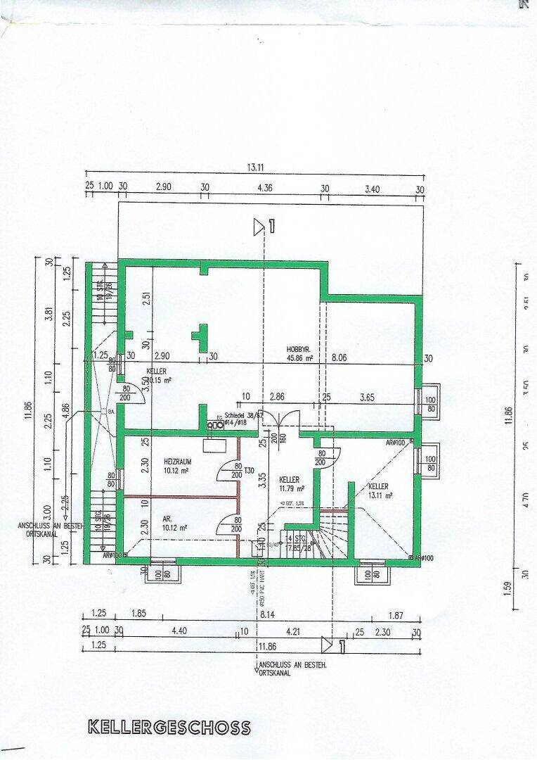 Grundriss des Kellergeschosses mit Hobbyraum und mehreren Abstellräumen.