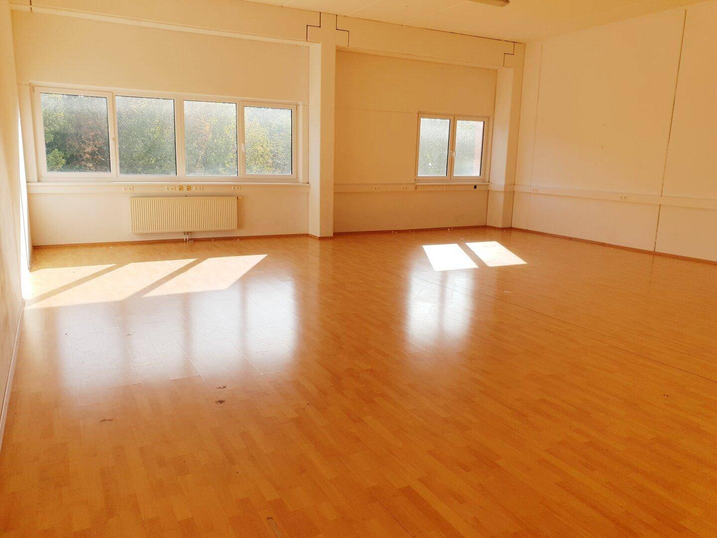 Heller, leerer Raum mit Holzboden und großen Fenstern, die viel Tageslicht hereinlassen.