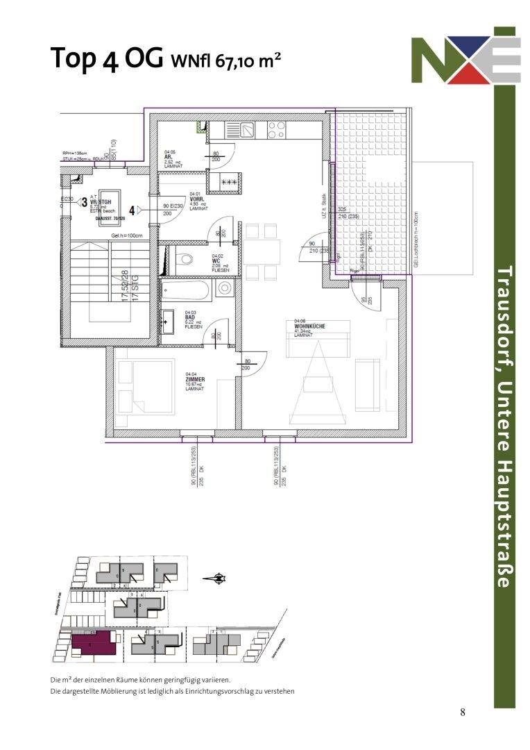 Grundriss einer Wohnung im Obergeschoss mit offenem Wohnbereich und einem Balkon.