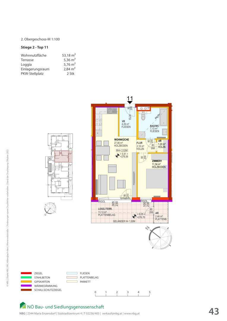 Grundriss einer Wohnung mit offener Wohnküche, einem Schlafzimmer, Bad und Zugang zu einer Loggia/Terrasse.