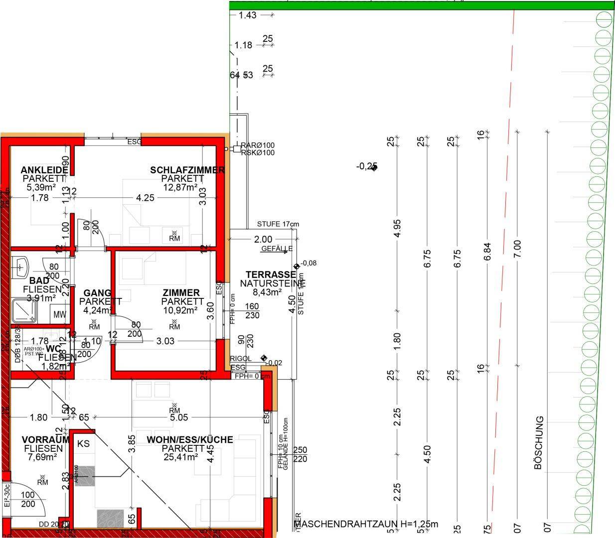Detaillierter Grundriss einer Wohnung mit Zimmern, Bad, WC und Terrasse.