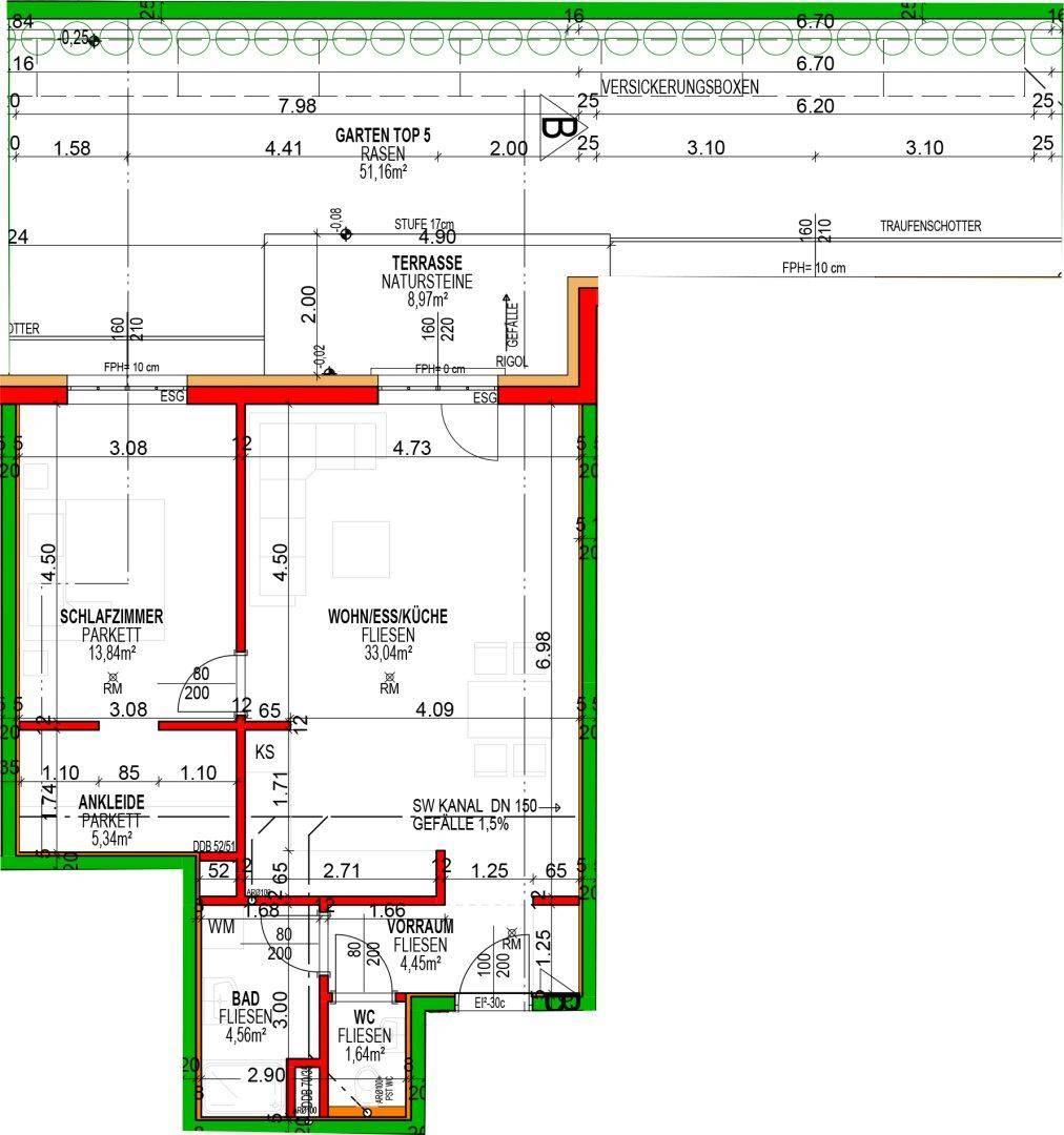 Detaillierter Grundriss einer Wohnung mit Schlafzimmer, Wohnküche und Terrasse.