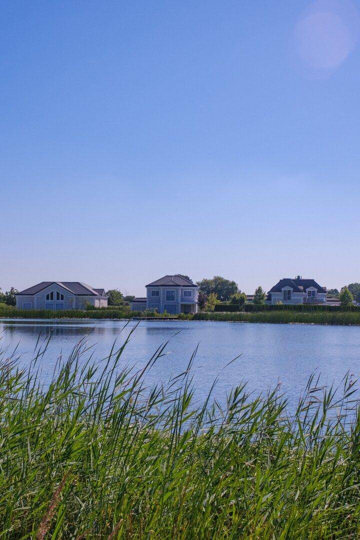 Blick über einen See mit Schilf im Vordergrund und modernen Häusern am gegenüberliegenden Ufer.