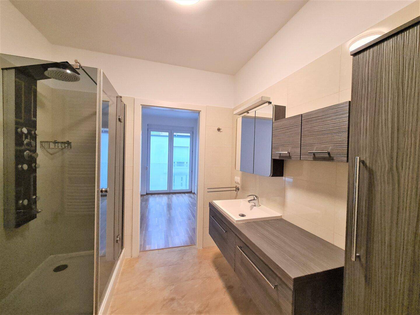 Modernes Badezimmer mit großer begehbarer Dusche, Waschtisch und Spiegelschrank.
