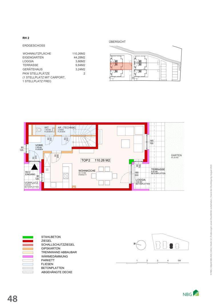Grundriss des Erdgeschosses mit offener Wohnküche, Loggia und direktem Zugang zur Terrasse und zum Garten.