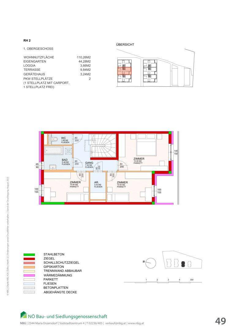 Grundriss des Obergeschosses mit mehreren Schlafzimmern, einem Badezimmer und einem separaten WC.