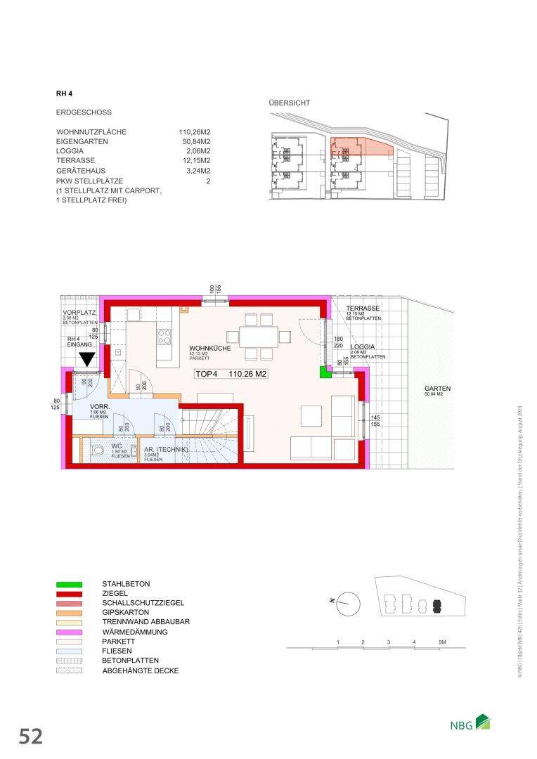 Grundriss des Erdgeschosses mit offenem Wohn-Essbereich, Küche, Terrasse und Garten.