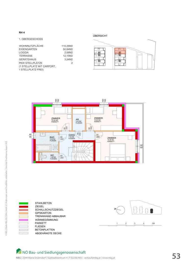 Grundriss des Obergeschosses mit drei Schlafzimmern, Badezimmer und separatem WC.
