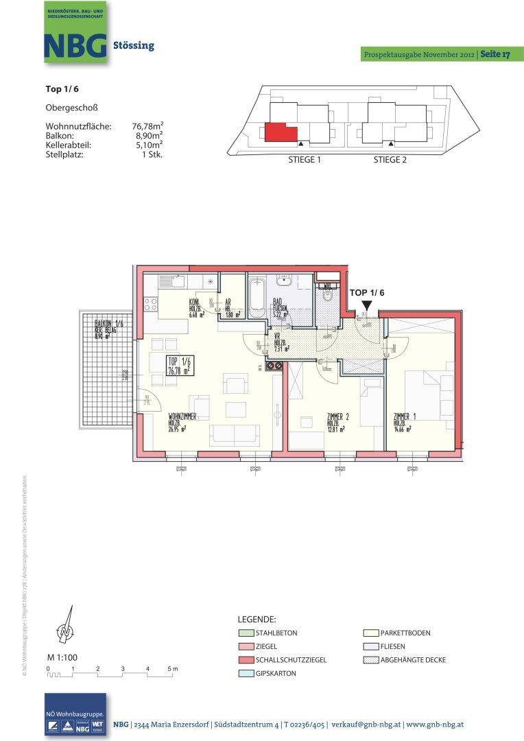 Grundriss der Wohnung Top 1/6 im Obergeschoss mit Balkon, zwei Schlafzimmern, Bad und separatem WC.