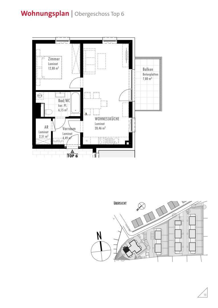 Grundriss einer Wohnung mit Wohnküche, Schlafzimmer, Bad und Balkon im Obergeschoss.