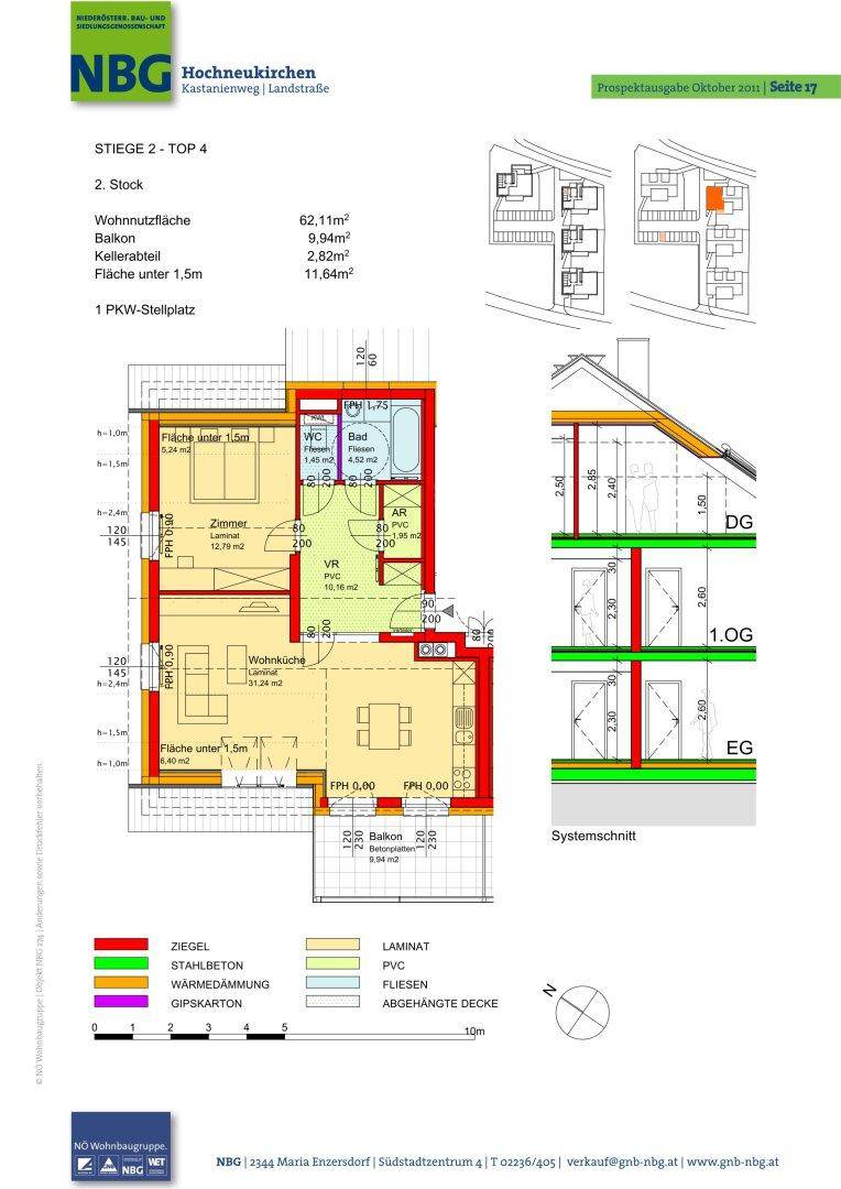 Grundriss der Wohnung Top 4 im 2. Stock mit offener Wohnküche, Schlafzimmer, Bad und Balkon.